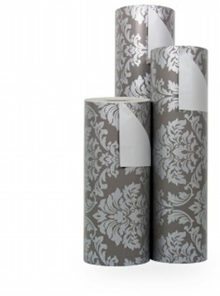 Cadeaupapier Grijs Barok op Zilver - Rol 50cm - 200m - 70gr | Winkelrol / Apparaatrol / Toonbankrol / Geschenkpapier / Kadopapier / Inpakpapier